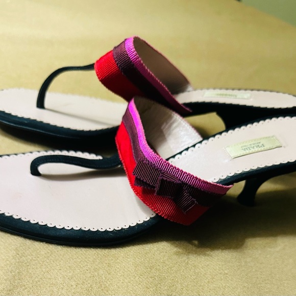 PRADA Women’s Red/Brown/Pink T Strap Grosgrain Fabric Sandal 37.5 EUR, 7.0 US - Picture 2 of 13